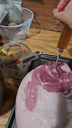 This is our first time curing a ham that we raised, once we're done with the curing process, we'll throw it on the pit for some smoke flavor and then finish in the oven basting it in a honey and brown sugar glaze. If this turns out, we'll be doing this every year with our meat. #sweet_magnolia_acres #pasturedpork #berkshirexherefordpigs #herefordpigs #rotationalgrazing #berkshirepigs #smallfarm The Bearded Butchers | Sweet Magnolia Acres