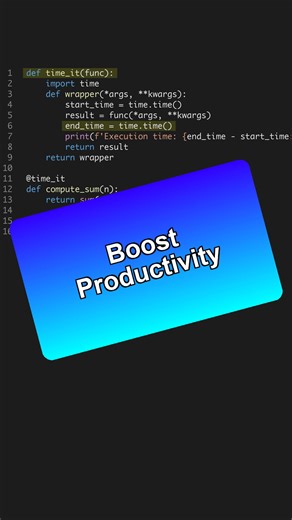 💡 Master Python productivity with decorators! Effortlessly time functions and boost efficiency. 🚀 --- Get the Python for AI course 6 projects at the link in bio. 🐍