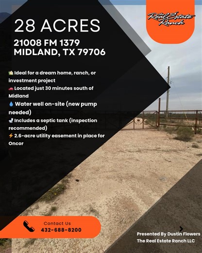 🌵 Endless Possibilities in West Texas! 🌵 📍 21008 E FM 1379 – Midland, TX 79706 ✨ 28 Acres of Wide-Open Potential! ✨ Dreaming of a ranch, custom home, or your next investment project? This expansive 28-acre property just 30 minutes south of Midland offers the perfect mix of peaceful country living and close-to-town convenience 🐎🌅 💫 Property Highlights: 🌾 28 acres of open land ready for your vision 💧 Water well on-site (needs new pump) 🚽 Septic system installed (inspection recommended) ⚡ 