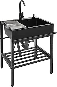 Stainless Steel Utility Sink,Free Standing Single Bowl Kitchen Sink with Cold and Hot Faucet Water Pipe kit,Outdoor Indoor Stainless Steel Sink for Laundry Room,Garage,Basement
