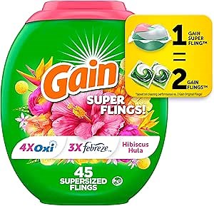 Gain Super Flings Laundry Detergent Pacs, 45 Count, Hibiscus Hula scent, irresistibly clean and fresh washing detergent laundry soap pacs