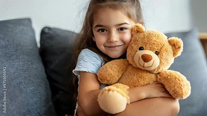 A young girl cuddling her soft teddy bear while sitting on a cozy gray couch in a bright living room during the afternoon