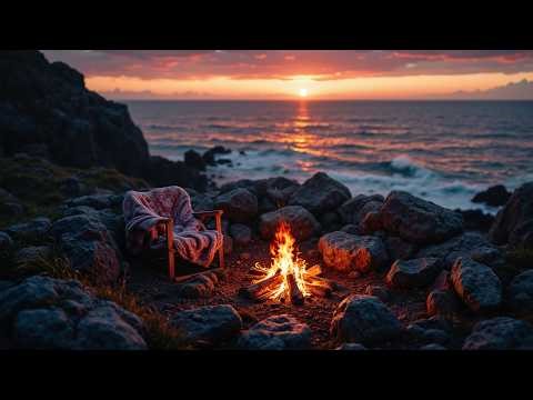 Rocky Shore Campfire 🌅 Ocean Sunset Ambience with Waves & Crackling Fire (4K, No Ads)