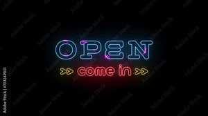 Vibrant 'Open' Motion Graphic: Seamless loop of animated sign. Illuminating the storefront with stylish neon lights. Perfect for business front windows. High-resolution 4k quality.