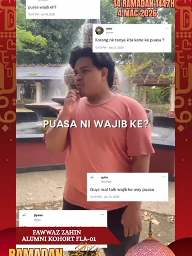 [ 🌙 RAMADAN: 1 HARI 1 ISI ] 14 RAMADAN 1447H | 4 MAC 2026 -PUASA YANG BERKUALITI- Allah berfirman dalam al-Quran: “Wahai orang-orang yang beriman, diwajibkan ke atas kamu berpuasa…” (Surah al-Baqarah: 183) Ini adalah perintah yang wajib ke atas setiap Muslim yang cukup syaratnya. Namun persoalannya — bagaimana kita nak ukur puasa kita berkualiti? Tiga kayu ukur ini penting: - Ikhlas – Berpuasa semata-mata kerana Allah, bukan kerana ikut-ikutan. - Taqwa – Sedar dan takut kepada Allah dalam setia