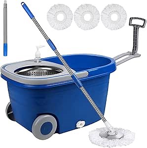 Mop and Bucket with Wringer Set 25QT，Stainless Steel Deluxe 360 Spinning Mop Bucket Floor Cleaning System with 3 Microfiber Replacement Head Refills, 2X Wheel for Home Cleaning with Drain Plug