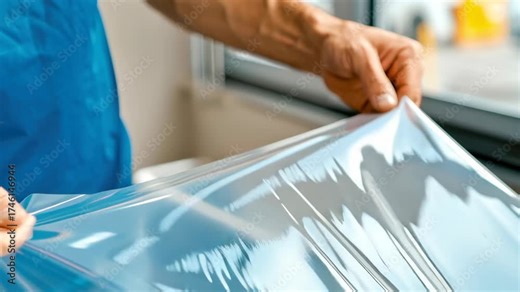 Clear plastic film stretch wrap packaging transparent clear sheet industrial protective sealing manual wrapping hands closeup focus