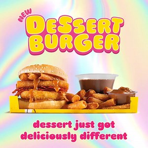 Introducing our new Dessert Burger – sweet, savoury & unapologetically indulgent 😋 🍩 Donut chips 🥓 Bacon 🍍 Pineapple fritter 🤤 Caramel drizzle For an extra sweet treat, grab the Dessert Burger Box. Includes the Dessert Burger, Donut Chips caramel sauce for dipping! Plus, your choice of Vanilla Cheesecake or Chocolate Mousse. 🎂🍫 Available for a limited time only! 🎉 #DessertBurgerBox | Chicken Treat