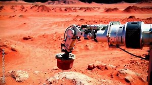 Robotic arm conducting soil sampling on martian surface. Concept of planetary exploration and scientific research on Mars