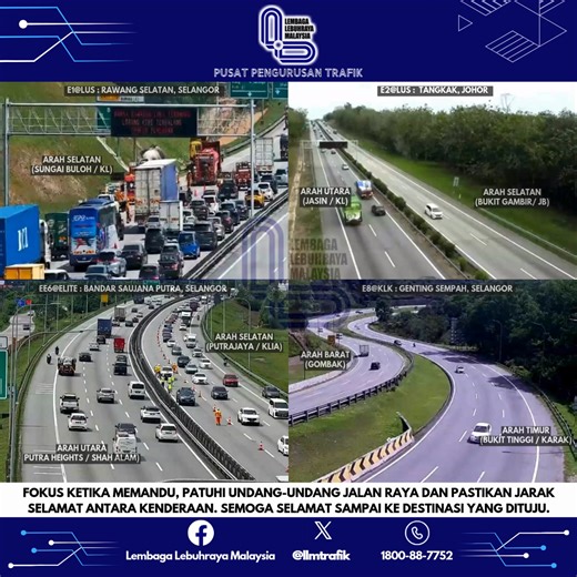PUSAT PENGURUSAN TRAFIK dan "HIGHWAY CRISIS CONTROL & COMMAND CENTRE (Hi4C)", LEMBAGA LEBUHRAYA MALAYSIA. KEMAS KINI ALIRAN TRAFIK 🗓Tarikh: 23 Februari 2026 (Isnin). ⏰Masa: 3.15 petang. 🌤️Cuaca: Baik. STATUS TRAFIK DI LEBUH RAYA SELURUH NEGARA.🛣🛣🛣 Trafik secara keseluruhannya bergerak lancar di semua lebuh raya sekitar Lembah Klang dan di lebuh raya menghala ke Timur Semenanjung Malaysia. Walaupun begitu trafik perlahan dan dijangkakan kelewatan di Lebuhraya Utara-Selatan dan Lebuhraya Utar