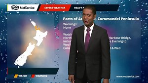 RAIN IN THE NORTH A trough moving east over northern New Zealand today and Wednesday is bringing some rain. A Severe Weather Watch has been issued for parts of Auckland and Coromandel Peninsula. Here is Chester with the Severe Weather update. Remember, you can read the full Watches and Warnings yourself, including any updates, at http://bit.ly/AllWarnings ^DH | MetService New Zealand