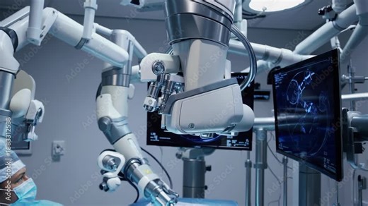 Advanced robotic arms perform surgery with precision in a state-of-the-art operating room. sterile environment, surgeon supervision, and cutting-edge medical technology highlight the future of healthc