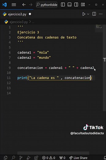 aprendiendo Python con ejercicios 3/100 concatena dos cadenas de texto #visualstudiocode #facultadautodidacta #python