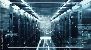 Animation of globe and digital data processing over computer servers