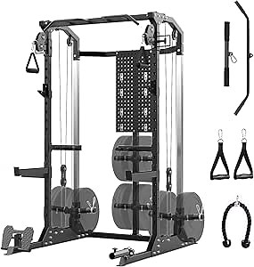 Power Cage, Squat Rack with Cable Crossover and Dual Independent Pulley System, 2000LB Capacity Workout Cage with More Training Attachments, Power Rack for Home Gym