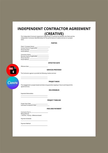 Independent Contractor Agreement | Creative Contractor Contract US | Editable PDF - Etsy