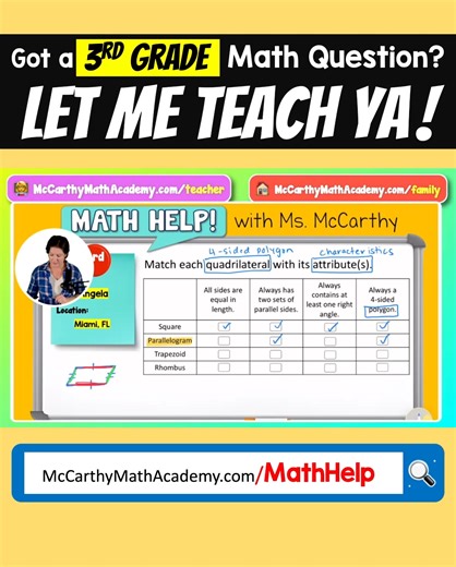 Did you know there are TWO definitions of a trapezoid? 👀 And yes…Florida uses one specific version. In this quick clip, I break down how trapezoids are defined in Florida’s math standards and how students can correctly identify them in a FAST-style matching question. Perfect for 3rd grade teachers (and parents helping at home) who want geometry to actually make sense—without overthinking it. 🎥 Full episode more Math Help videos for grades 3–5: 👉 McCarthyMathAcademy.com/mathhelp #MathHelpWithM
