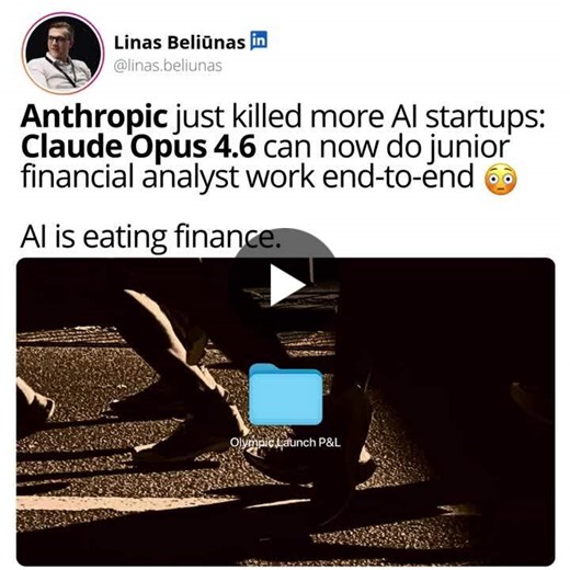 Anthropic is going deeper into financial services: Claude Opus 4.6 just dropped, and it’s basically an AI model that can now do junior analyst work end-to-end 😳Opus 4.6 is a workflow automation… | Linas Beliūnas | 314 comments