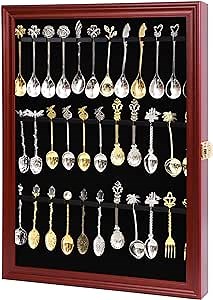 COMSREV 36 Souvenir Tea Spoon Display Case Collection Collector Rack Wall Mount Wooden w/98% UV Acrylic Door Lockable (36 Spoons-Cherry)