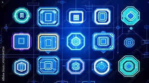 Futuristic digital interface showcasing technology icons with bright colors and interactive elements, emphasizing modern design techniques.