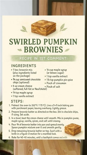This one smells like cozy fall mornings, fresh baking, and pure joy in a 9x9 pan. 🍫 Steps: 1️⃣ Make your brownie mix as directed, stir in chocolate chips if you want a little extra indulgence. 2️⃣ In a separate bowl, beat softened cream cheese until smooth. Add pumpkin puree, maple syrup, vanilla, pie spice, cinnamon, and salt. Mix 'til creamy. 3️⃣ Pour most of the brownie batter in a greased, parchment-lined pan. Layer pumpkin mix on top. Dot with leftover brownie batter. 4️⃣ Swirl with a knif