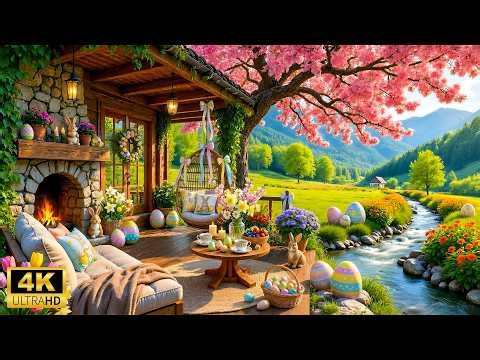 Peaceful Spring Porch Ambience 🌺 Easter Day 🐰 Relaxing Piano Music & Crackling Fireplace for Sleep