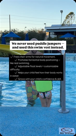 We’ve never used puddle jumpers with our kids — and here’s why. 👇 ⠀ Most traditional floaties keep toddlers upright in the water, which might feel safe, but actually teaches poor swim posture and keeps them from learning the skills necessary to swim! ⠀ This swim vest is different: ✔️ It keeps their arms free for real movement ✔️ Supports a horizontal swim position ✔️ Lets you remove float inserts to increase difficulty as they gain confidence ⠀ When we’re in the pool together, we also give her 