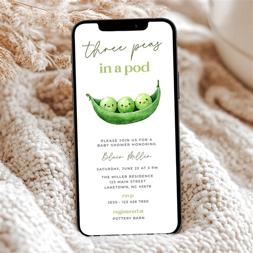 Three Peas in a Pod Baby Shower Evite Twins, Green Peas Triplets Baby Shower Invite, Electronic Sweet Pea Triplet Baby Shower Invitation PS1 - Etsy