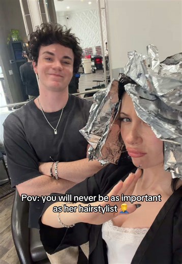 I’ll never be able to compete with the hairstylist lol @elliana 🦕 @dtroglen #relateable #fyp #foryoupage #couple