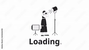 Photographer freelance bw loading animation. Asian freelancer outline 2D cartoon character 4K video loading motion graphic. Professional photographer studio animated gif isolated on white background
