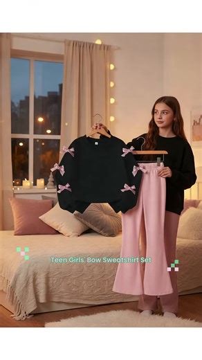 Teen Girls' Bow Sweatshirt & Slim Fit Bell Bottoms Set, Casual Fall Winter, Comfortable Daily Wear, Perfect Gift, Fashion Clothes Set