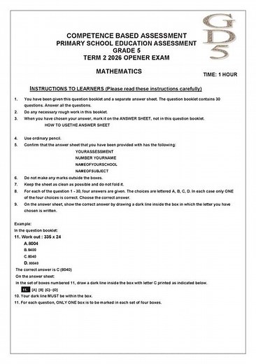 Grade 5 Mathematics Opener Exam Term 2 2026