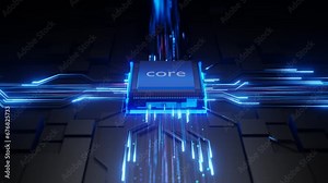 Central Computer Processors CPU concept. Digital pulses and signals from the chip propagate through the motherboard. Visualizing a digital impact or a processor or computer starting, booting