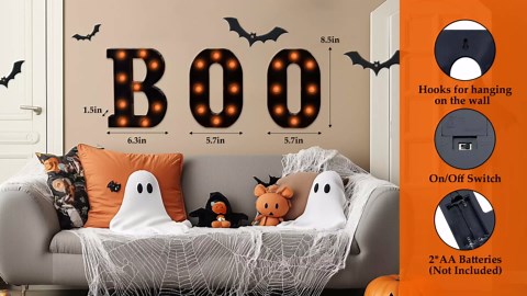 Halloween Decorations – BOO Light Up Letters with Remote | Timer, Dimmable, 3 Light Modes | Marquee Sign for Indoor Halloween Decor, Fireplace Mantel, Tabletop, Bedroom, Wall or Holiday Display