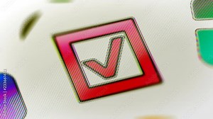 Checkbox icon in the screen. Looping footage has 4K resolution. Prores 4444. 3D Illustration.