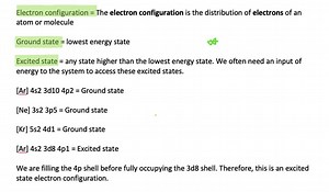 SOLVED:Which electron configuration notation describes an atom in an excited state? a. [Ar] 4 s^2 3 d^10 4 p^2 b. [Ne] 3 s^2 3 p^5 c. [Kr] 5 s^2 4 d^1 d. [Ar] 4 s^2 3 d^8 4 p^1