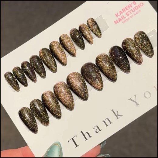 Dark Chocolate Spark - Brown Cat Eye Gel Press on Nails | Medium Almond | Reusable | Salon Handmade | 20 Pce Luxury Set - Etsy