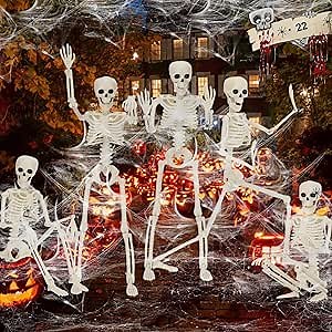 5 Pack Posable Skeleton Halloween Decorations, 16in Halloween Skeleton Decor- Full Body Movable Joints with 22 Spiders & Cobweb, Outdoor/Indoor Scary Party Graveyard Props Hanging Skeletons