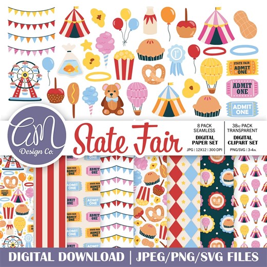 Hand Drawn County Fair Clipart & Digital Paper, State Fair Summer Seamless Patterns, (commercial Use PNG, SVG, JPEG) - Etsy