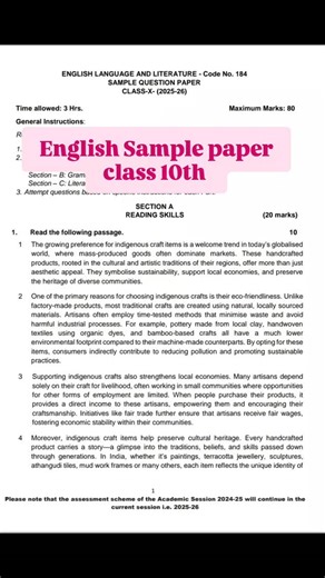 IMS ACADEMY on Instagram: "*English Sample Paper Class 10th* - *Exam Duration*: 3 hours - *Maximum Marks*: 80 - *Internal Assessment*: 20 marks *Paper Pattern* - *Section A*: Reading Skills (20 marks) - Unseen Passage (10 marks) - Note-making and Summary (10 marks) - *Section B*: Writing Skills (30 marks) - Letter Writing (5 marks) - Article Writing (10 marks) - Story Writing (10 marks) - Grammar (5 marks) - *Section C*: Literature (30 marks) - Multiple Choice Questions (10 marks) - Short Answer