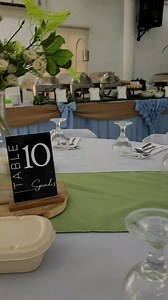 Occassion: Dedication Date: March 03, 2024 Theme: Airplane Colors: baby blue, light/mint green, beige, white 650/head x 100pax 65000 Menu: -chicken alexander -Lemon Fish Fillet -Roast Beef Caldereta -Smoked Carbonara - Asian Salad -Roasted Pumpkin Soup -Blue Rice -infused water and Iced tea - Mango Tapioca dessert Inclusion: •100 monoblock chairs with white cover and dust blue ribbons •10pcs 10 seater rectangular tables with baby blue cover •10pcs sage green table runner •1 way skirted buffet wi