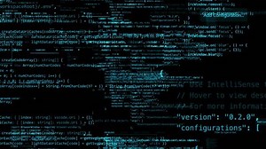 Blocks of abstract program code are written and moved in the virtual space. The camera flies through the computer code. looped