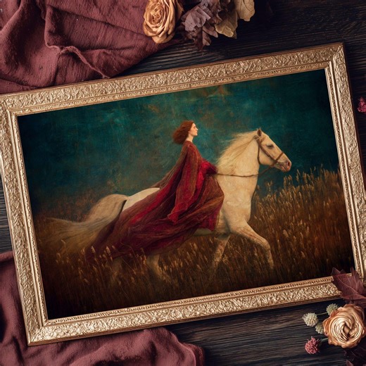 Pre-Raphaelite Woman & Horse Printable Wall Art- Victorian Gothic, Dark Academia and Cottagecore Decor, Vibrant Abstract Landscape Painting