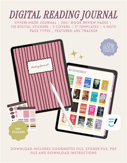 Digital Reading Journal for Goodnotes | Hyperlinked Book Tracker | 200 Book Reviews | Digital Stickers Included | Instant Download - Etsy