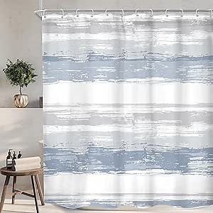 KOMLLEX Abstract Blue Shower Curtain for Bathroom Decor 72Wx72H Modern White Grey Striped Aesthetic Minimalist Geometric Simple Neutral Watercolor Painting Fabric Waterproof Polyester 12 Pack Hooks