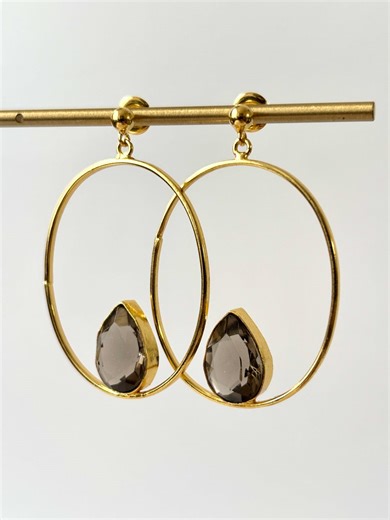 Earrings in the Shape of Large Oval Rings Plated in 18K Gold With Faceted Teardrop-shaped Natural Smoky Quartz Gemstones - Etsy