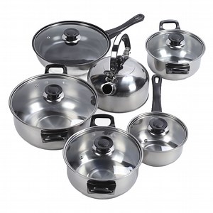 12 Piece Non-Stick Cookware Set, Easy Clean Stainless Steel Non Stick Pots and Pans with Tea Kettle, Black Handle