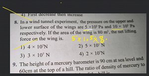 In a wind tunnel experiment, the pressure on the upper and lowe... | Filo