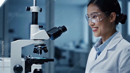 Female scientist in a lab coat using a microscope to study medical samples in a laboratory, side view.