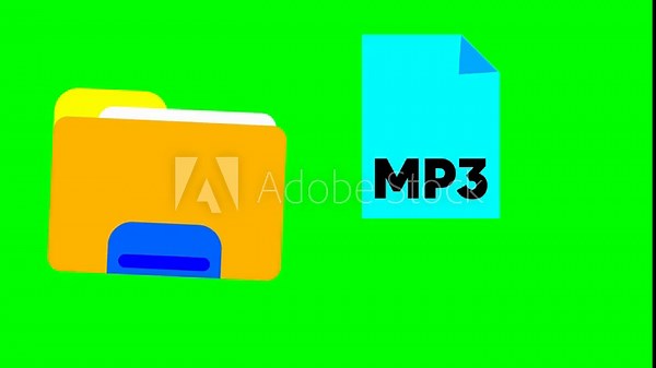 Animation Colorful Folder with MP3 and M4V File Icons Representing Digital Media Storage and Multimedia File Formats.